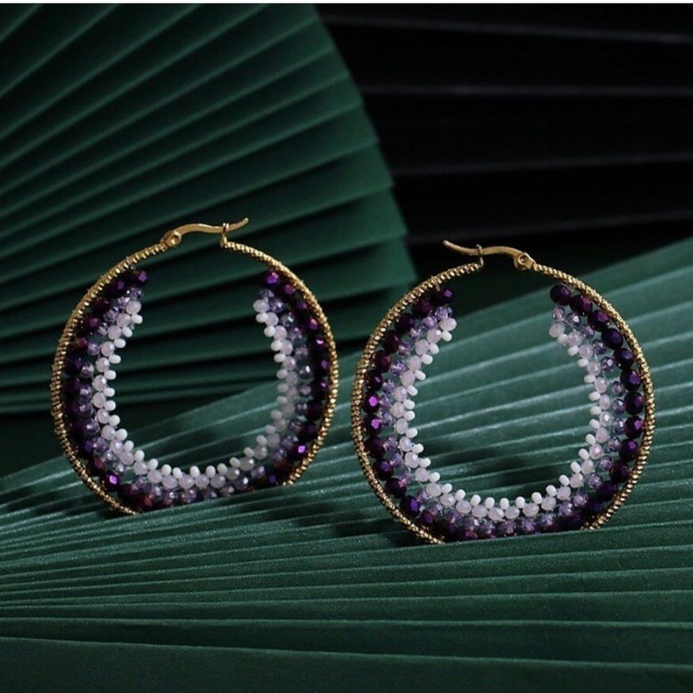Beaded Hoop Earrings - Purple